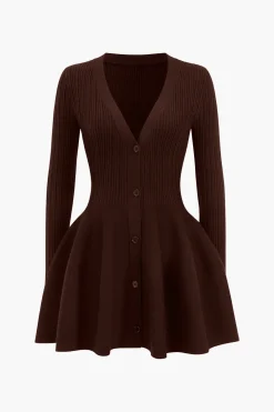 Knit Puff Hem Long Sleeve V-neck Dress