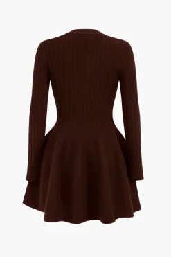 Knit Puff Hem Long Sleeve V-neck Dress