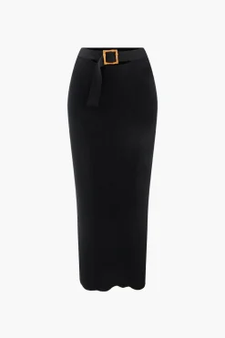 Knit Square Neck Crop Tank Top And Buckle Midi Skirt Set