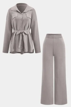 Knit Tie-Up Button Pocket Long-Sleeve Top And Trousers Set