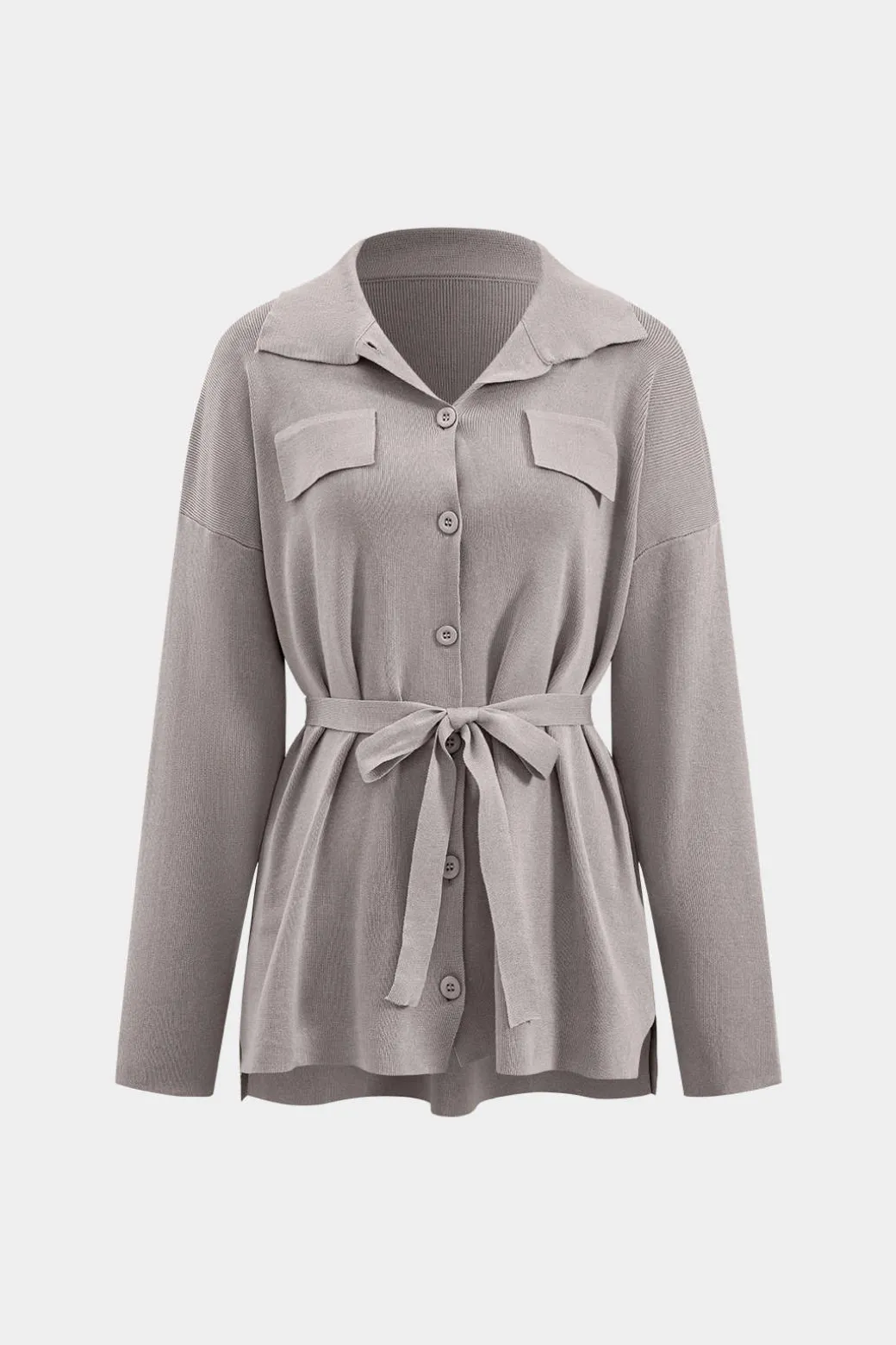 Knit Tie-Up Button Pocket Long-Sleeve Top And Trousers Set