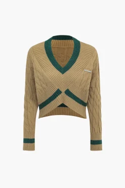 Knit V-Neck Patchwork Long-Sleeve Top