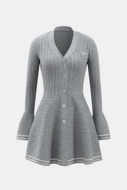 Knitted Button V-Neck Bell Sleeve Long Sleeve Sweater Dress
