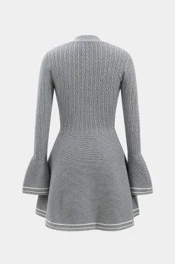 Knitted Button V-Neck Bell Sleeve Long Sleeve Sweater Dress