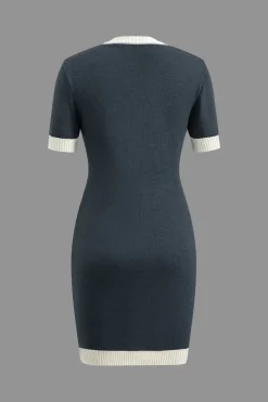 Knitted Contrast Short Sleeve Button Dress