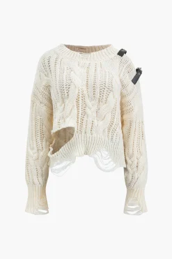 Knitted Cut Out Patchwork Belted Long-Sleeve Top