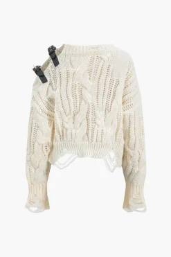 Knitted Cut Out Patchwork Belted Long-Sleeve Top