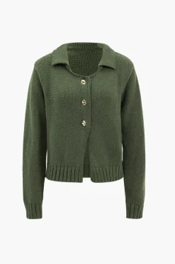 Knitted Metallic Button Long-Sleeve Top