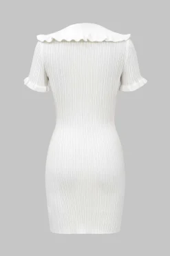 Knitted Metallic Button Ruffle Short Sleeve Dress