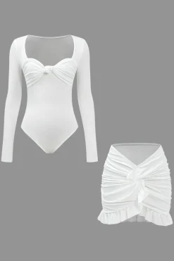 Knot Long Sleeve Top And Ruffle Ruched Detail Skirt Set