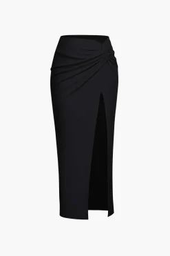 Knot Side Slit Knit Midi Skirt