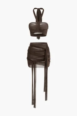 Knot Tie Halter Mesh Tank Top And Mini Skirt Set