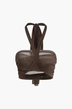 Knot Tie Halter Mesh Tank Top And Mini Skirt Set