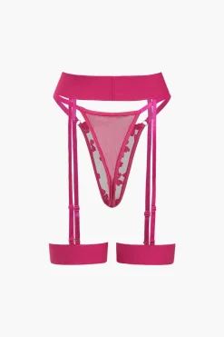 Lace Embroidery Bustier Belted Lingerie Garter Set