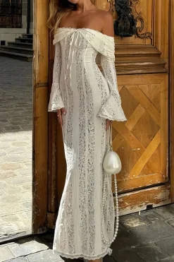Lace Long Sleeve Strapless Maxi Dress