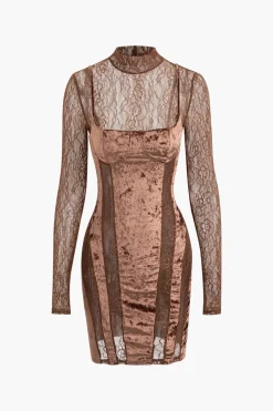 Lace Panel Velvet Mock Neck Long Sleeve Mini Dress
