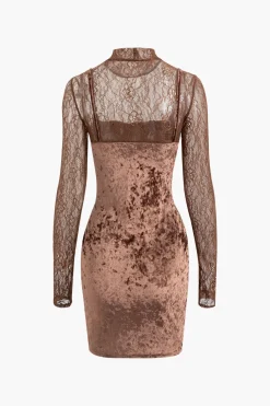 Lace Panel Velvet Mock Neck Long Sleeve Mini Dress