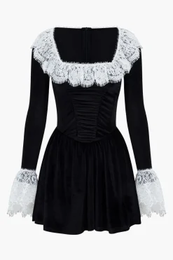 Lace Patchwork Velvet Long Sleeve Mini Dress