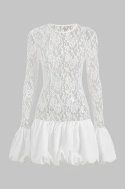 Lace Round Neck Bell Sleeve Mini Dress
