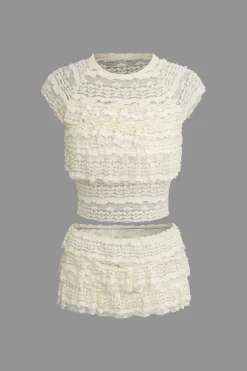 Lace Ruffle Crop Top And Skirt Set