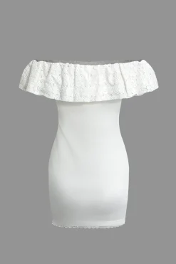 Lace Ruffle Neckline One Shoulder Mini Dress