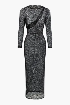 Lace Sheer Cut Out Tie Front Maxi Dress