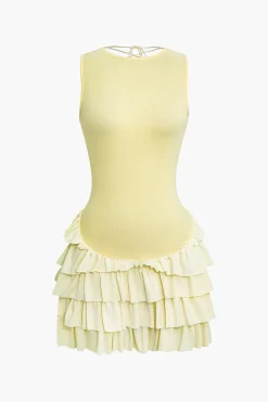 Lace Up Back Sleeveless Ruffle Hem Mini Dress