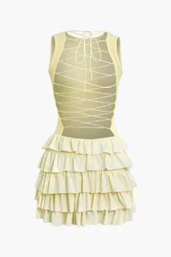 Lace Up Back Sleeveless Ruffle Hem Mini Dress