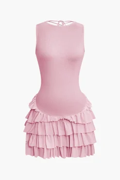 Lace Up Back Sleeveless Ruffle Hem Mini Dress
