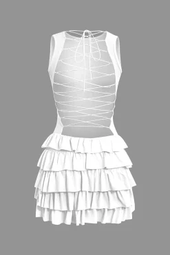 Lace Up Back Sleeveless Ruffle Hem Mini Dress