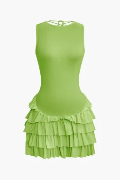 Lace Up Back Sleeveless Ruffle Hem Mini Dress