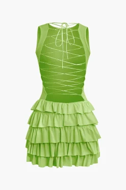 Lace Up Back Sleeveless Ruffle Hem Mini Dress