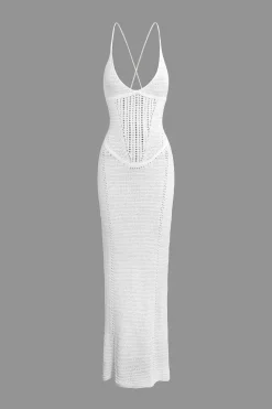 Lace Up Backless V-Neck Hollow Out Knit Dress