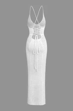 Lace Up Backless V-Neck Hollow Out Knit Dress