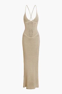 Lace Up Backless V-Neck Hollow Out Knit Dress