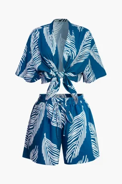 Leaf Print Drawstring Shorts Set