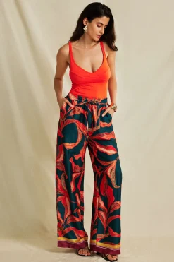 Leaf Print Drawstring Wide Leg Pants