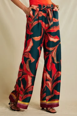 Leaf Print Drawstring Wide Leg Pants