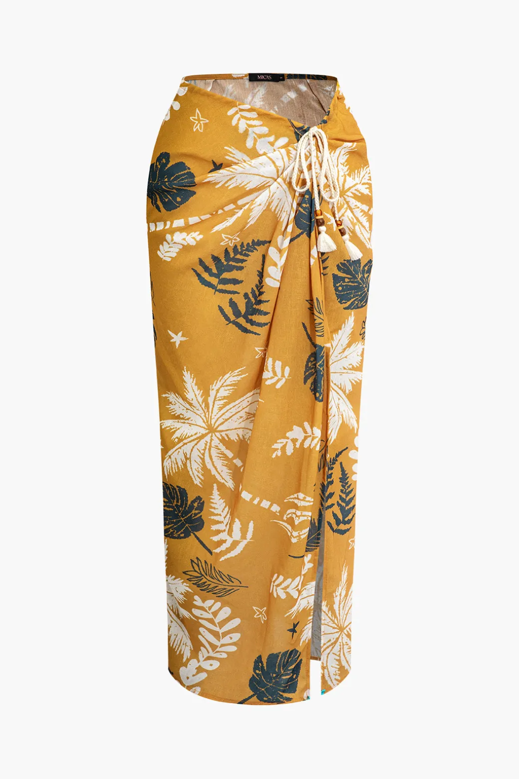 Leaves Print Knot Split Cover-Up Maxi Skirt