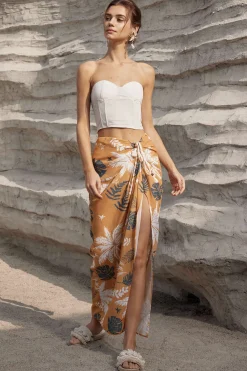 Leaves Print Knot Split Cover-Up Maxi Skirt
