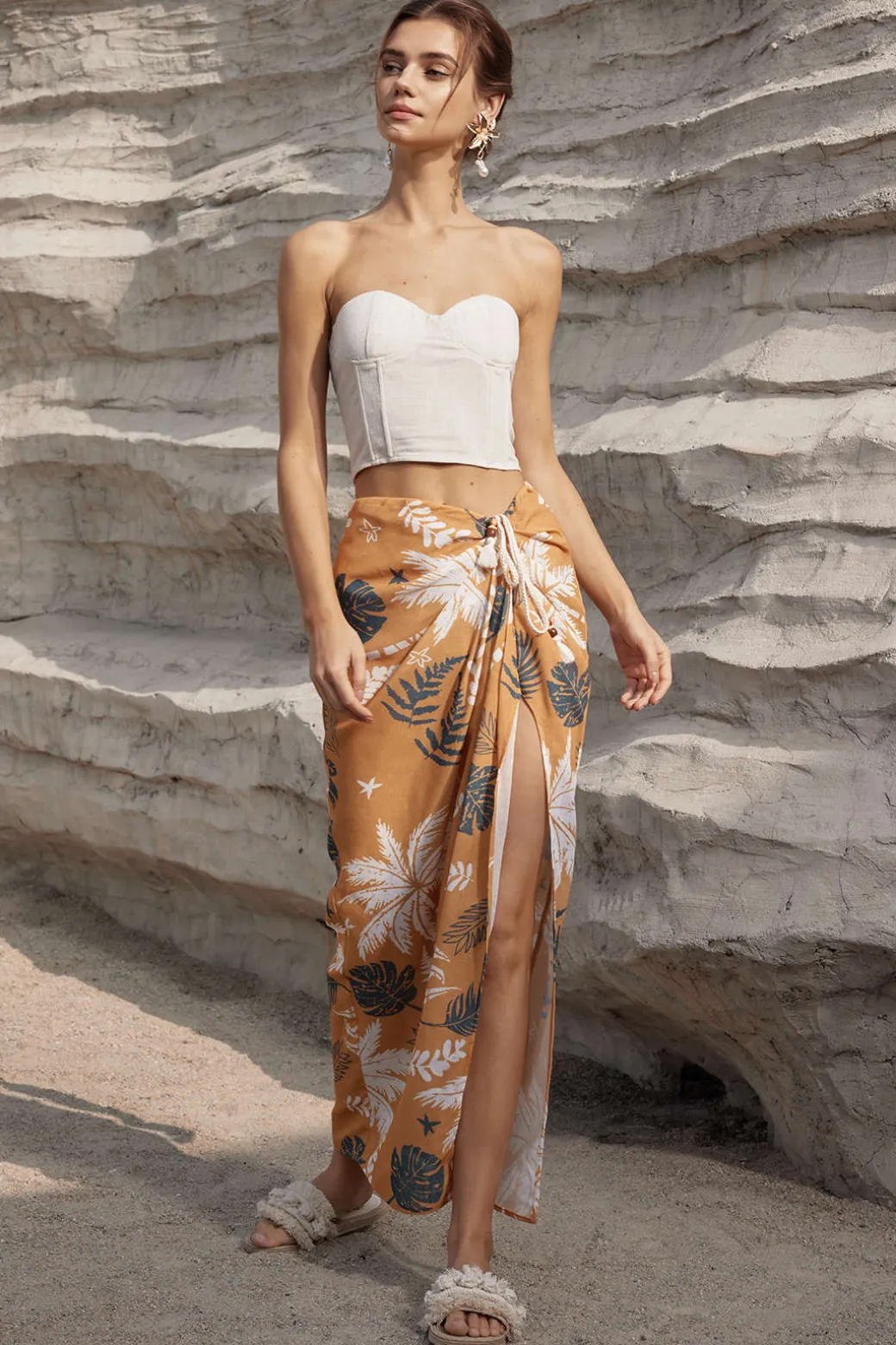 Leaves Print Knot Split Cover-Up Maxi Skirt