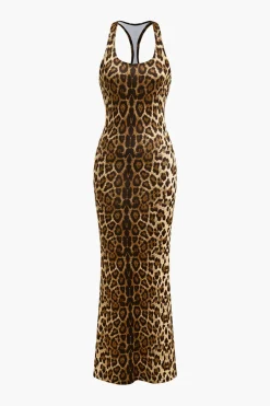Leopard Print Backless Sleeveless Maxi Dress