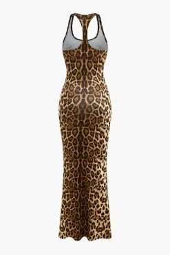 Leopard Print Backless Sleeveless Maxi Dress