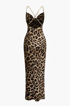 Leopard Print Cross Chain Cowl Neck Slit Slip Maxi Dress