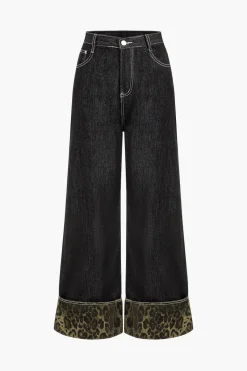 Leopard Print Denim Patchwork Straight Leg Jeans