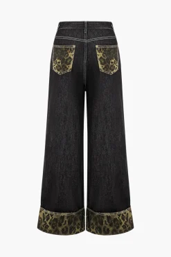 Leopard Print Denim Patchwork Straight Leg Jeans
