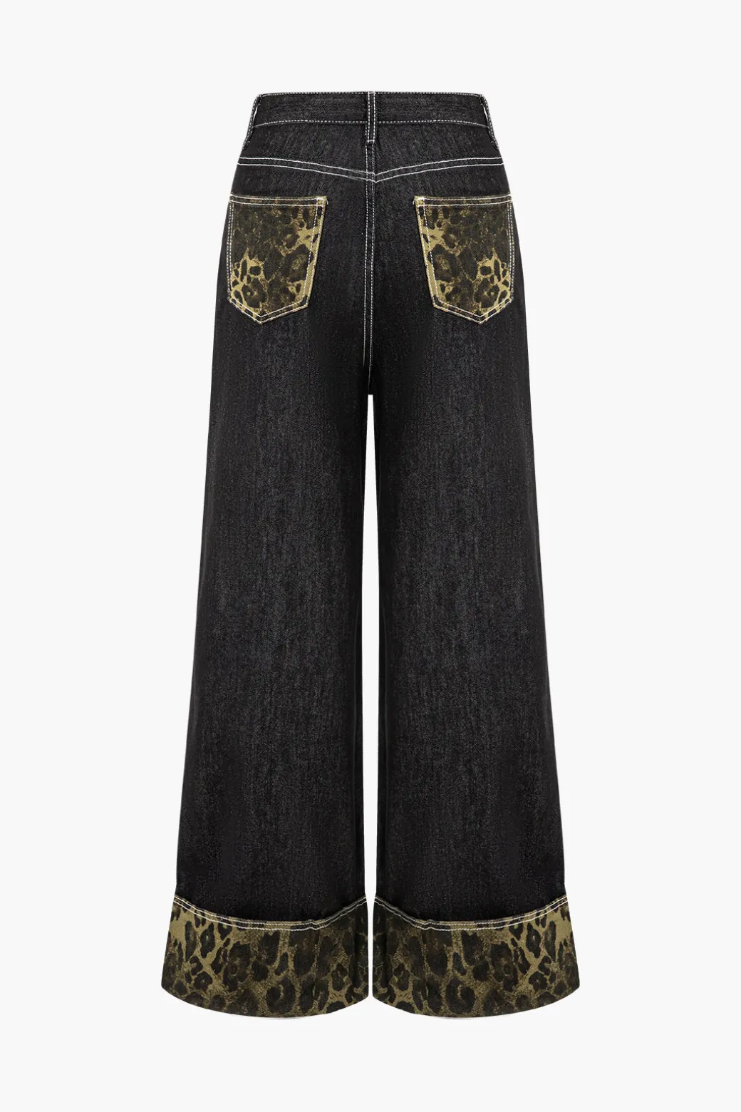 Leopard Print Denim Patchwork Straight Leg Jeans