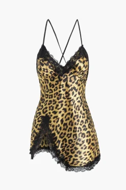 Leopard Print Lace Trim Dress Lingerie