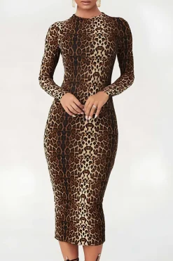Leopard Print Long Sleeve Slim Midi Dress