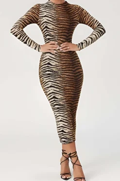 Leopard Print Long Sleeve Slim Midi Dress